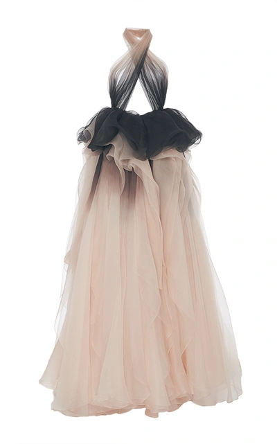 Marchesa Ombré Draped Halter Neck Gown