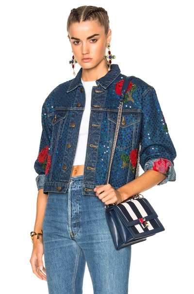 Shop Ashish Denim Jacket With Rose Embroidery In Blue & Red