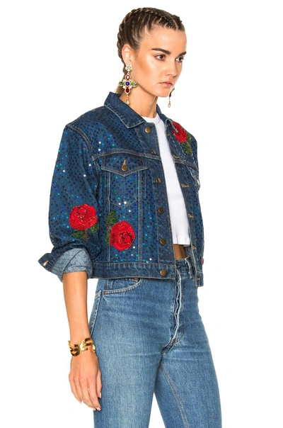 Shop Ashish Denim Jacket With Rose Embroidery In Blue & Red