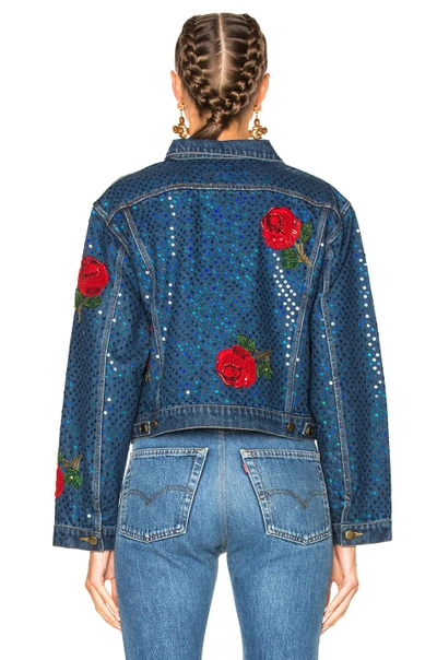 Shop Ashish Denim Jacket With Rose Embroidery In Blue & Red