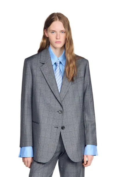 Sandro Checked Wool Jacket In Gray