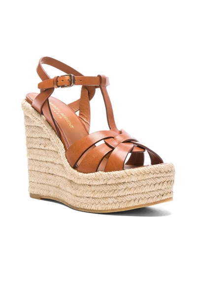 Shop Saint Laurent Leather Espadrille Wedges In Brown