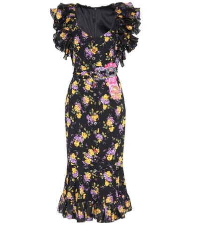 Dolce & Gabbana Embellished Ruffled Printed Silk-blend Charmeuse Midi Dress In Black-purple-floral