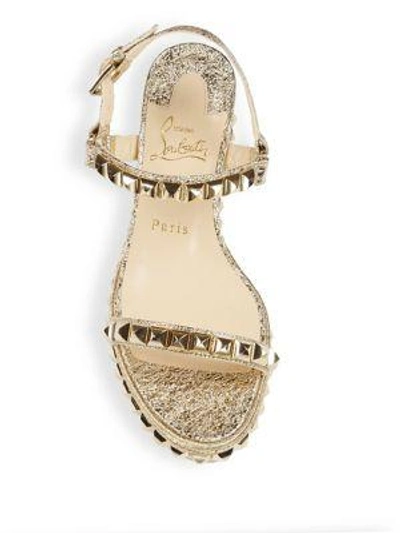 Shop Christian Louboutin Cataclou 60 Studded Metallic Leather Espadrille Wedge Sandals In Vers Platine-light Gold