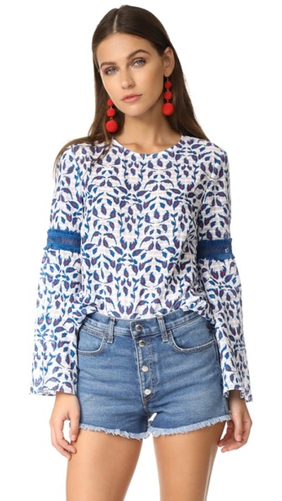 Tanya Taylor Leaf Ikat Plaid Martine Top In White/electric Blue
