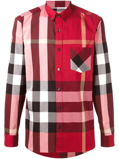 Shop Burberry Button-down Collar Check Stretch Cotton Blend Shirt