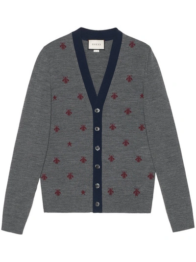 Gucci Wool Cardigan W/bees & Stars, Gray In Blue