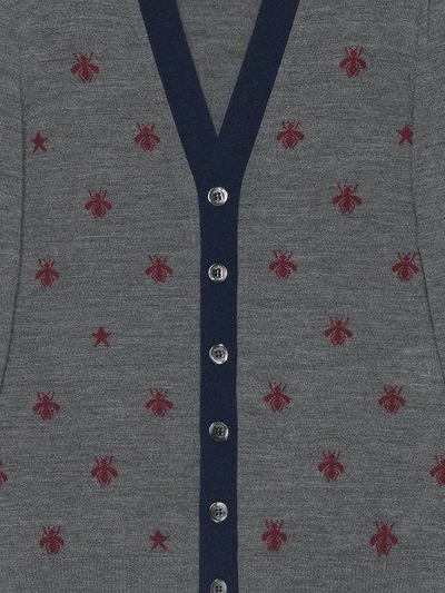 Shop Gucci Wool Cardigan With Bees And Stars - Grey