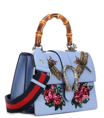 Shop Gucci Dionysus Embroidered Leather Shoulder Bag In Clear Sky Llue