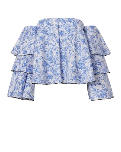 Caroline Constas Carmen Blue Toile Off-the-shoulder Top