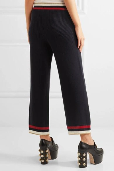 Shop Gucci Striped Knitted Cotton-blend Straight-leg Pants In Midnight Blue