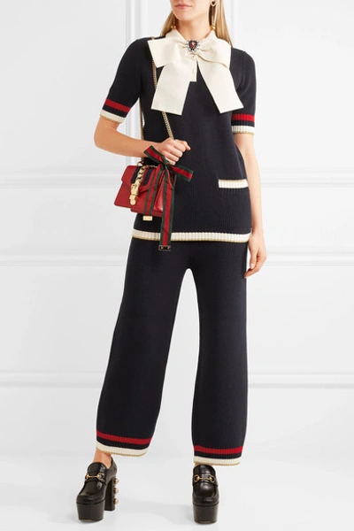 Shop Gucci Striped Knitted Cotton-blend Straight-leg Pants In Midnight Blue