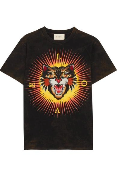 Shop Gucci Appliquéd Printed Cotton-jersey T-shirt In Black