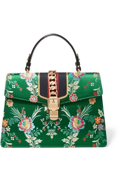 Shop Gucci Sylvie Large Chain-embellished Jacquard And Leather Tote In Green