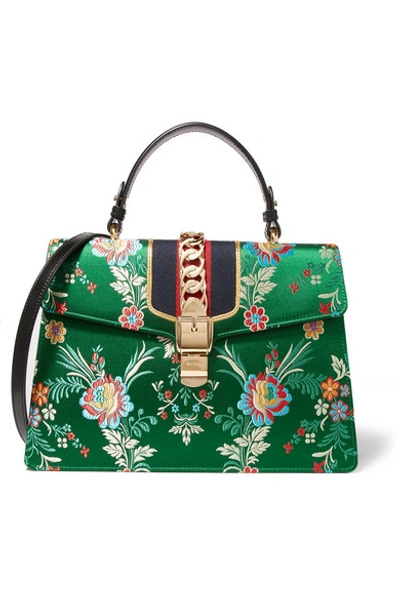 Shop Gucci Sylvie Large Chain-embellished Jacquard And Leather Tote In Green