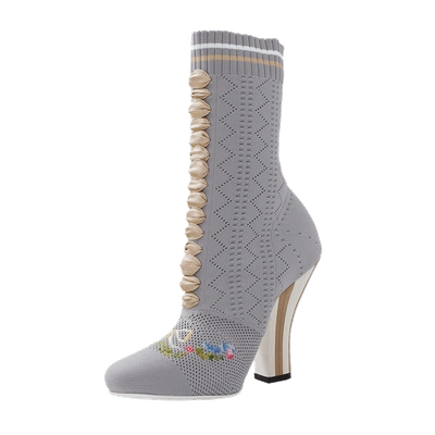 Shop Fendi Knit Embroidered Booties In Dove-gry