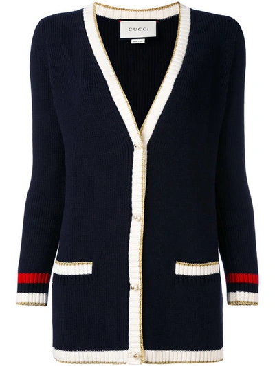 Gucci Oversized Lurex Web Cotton Blend Knitted Cardigan In Blue