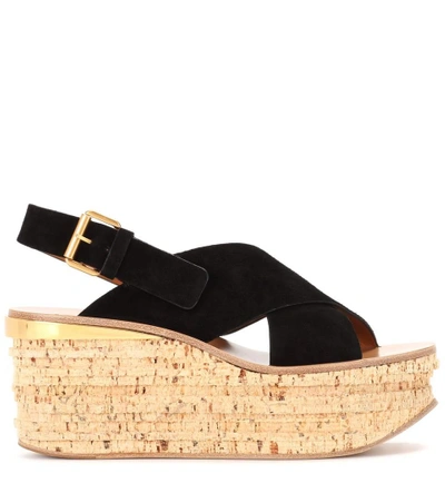 Shop Chloé Camille Suede Wedge Sandals In Black