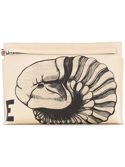 Loewe Fossil Print Canvas And Leather Pouch In Natural White/tan
