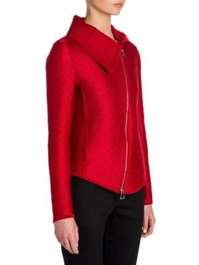 Shop Giorgio Armani Matelassé Silk & Wool Asymmetrical Zip Jacket In Red Matelasse