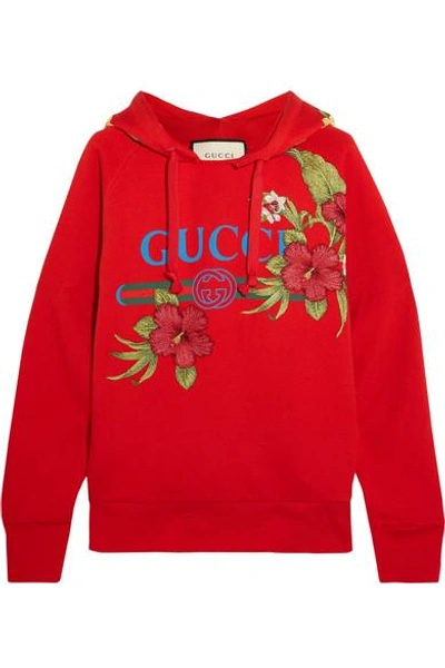 Shop Gucci Embroidered Printed Cotton-jersey Hooded Top In Red