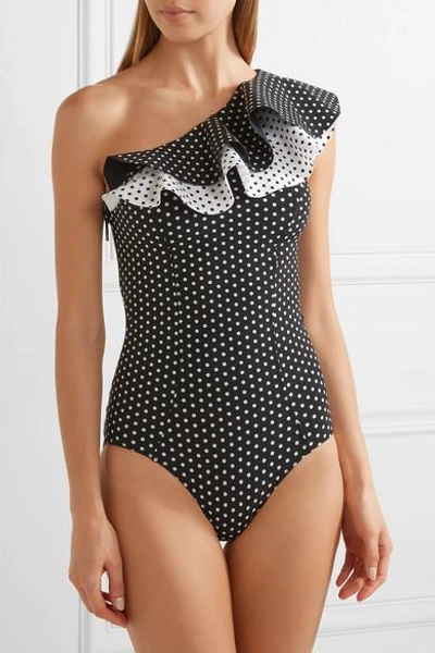 Shop Lisa Marie Fernandez Arden Double Ruffle One-shoulder Polka-dot Bonded Swimsuit In Black