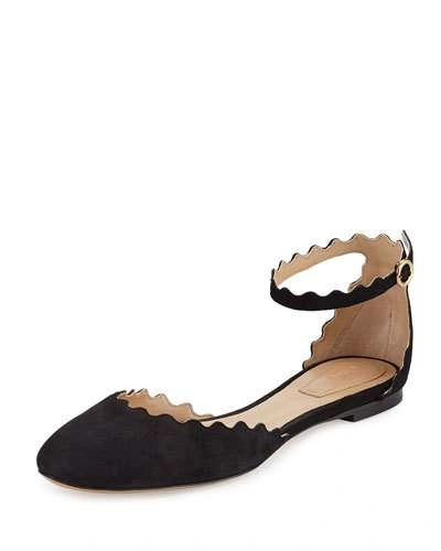 Chloé Lauren Scalloped Suede Ankle-strap Flat In Black