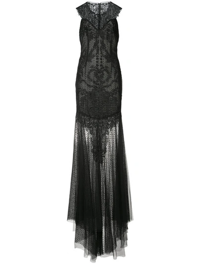 Monique Lhuillier Geometric Beaded Swiss Dot Halter Gown, Black Pattern