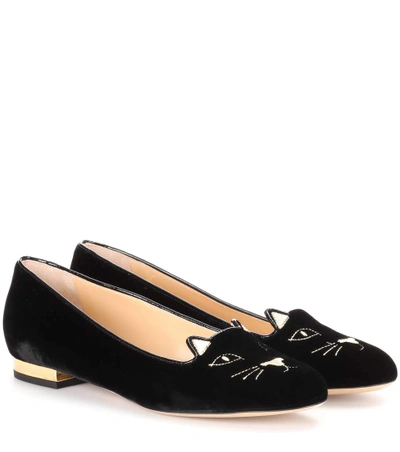 Shop Charlotte Olympia Kitty Flat Velvet Loafers In Black