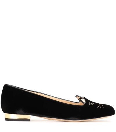 Shop Charlotte Olympia Kitty Flat Velvet Loafers In Black