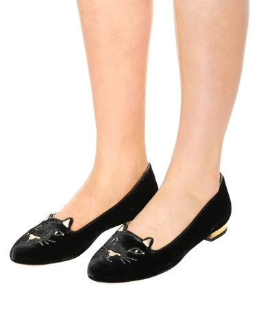 Shop Charlotte Olympia Kitty Flat Velvet Loafers In Black