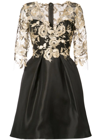 Monique Lhuillier Metallic Lace & Gazar 3/4-sleeve Dress, Black/gold