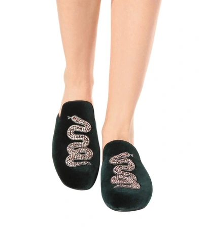 Shop Gucci Embellished Velvet Slippers In Black