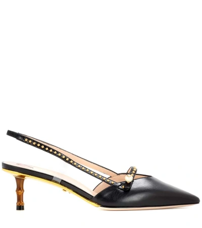 Shop Gucci Embellished Slingback Leather Pumps In Eero