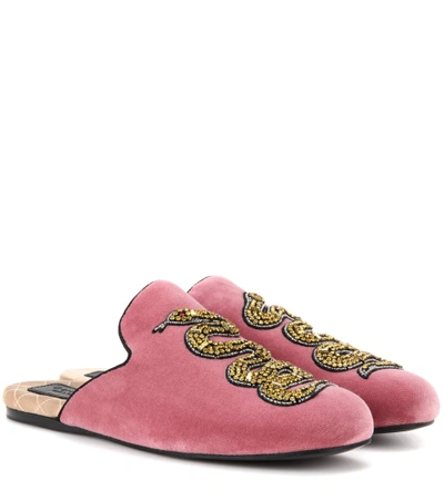 Shop Gucci Embellished Velvet Slippers In Pink