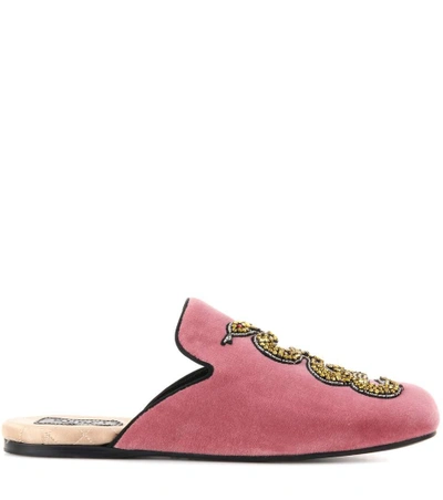 Shop Gucci Embellished Velvet Slippers In Pink