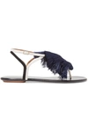 AQUAZZURA + JOHANNA ORTIZ TANGIER TASSELED TWO-TONE SUEDE SANDALS