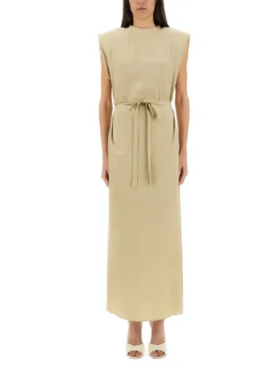 Alysi Beige Solid Round Neck Maxi Dress In Brown