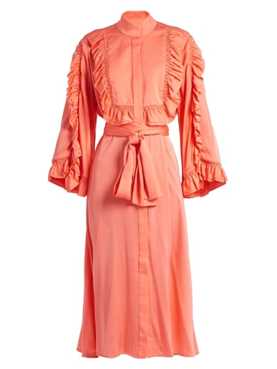 Ellery Olga Ruffled Silk-satin Midi Dress In Coral-orange