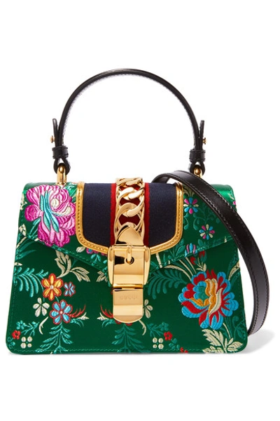 Gucci Sylvie Jacquard-paneled Leather Shoulder Bag In Green