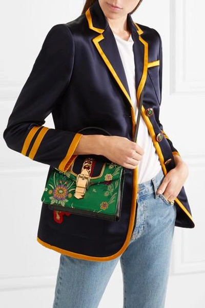 Shop Gucci Sylvie Jacquard-paneled Leather Shoulder Bag