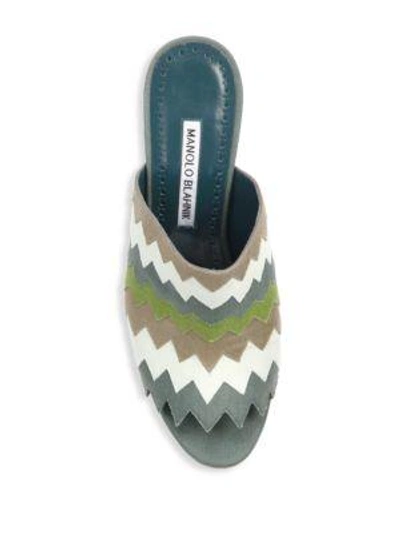 Shop Manolo Blahnik Loch 105 Chevron Linen Mules In Moss Green