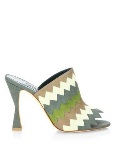 Shop Manolo Blahnik Loch 105 Chevron Linen Mules In Moss Green