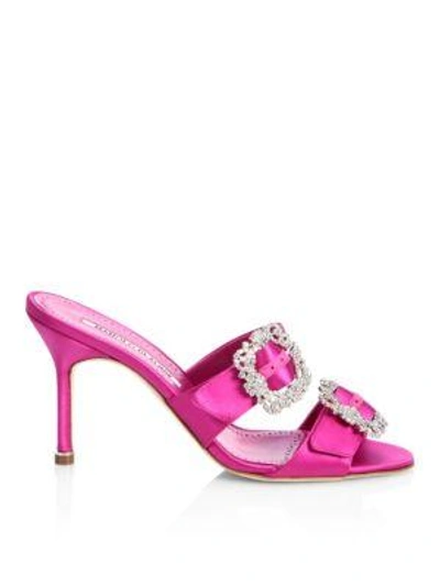Shop Manolo Blahnik Mulussanhan 90 Crystal-buckle Satin Mules In Pink