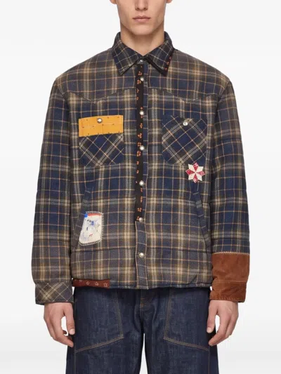Khoki Patchwork-detail Checked-pattern Shirt Jacket In 블루
