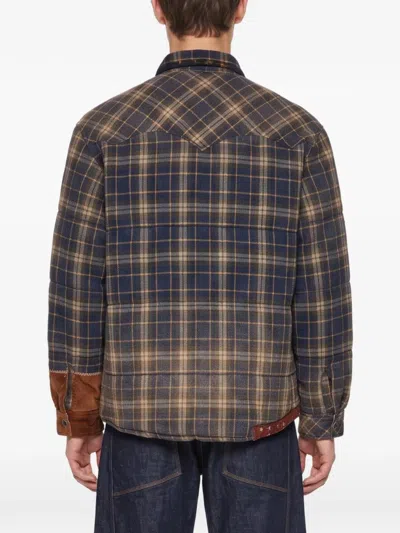 Khoki Patchwork-detail Checked-pattern Shirt Jacket In 블루