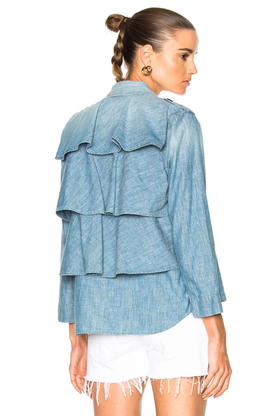 Amo Ruffle Army Jacket In Blue. In Medium Chambray