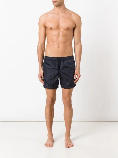 Shop Moncler Logo Plaque Swimming Trunks In Blue