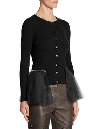Shop Moschino Tulle-detail Wool Cardigan In Black Grey