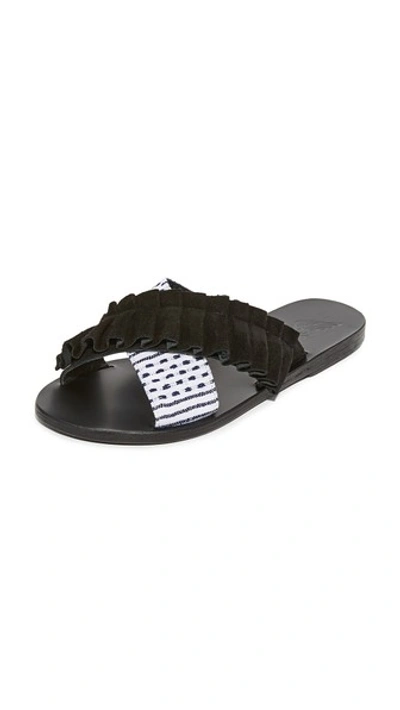 Ancient Greek Sandals + Lemlem Thais Ruffled Suede And Jacquard Slides In Black/stripe